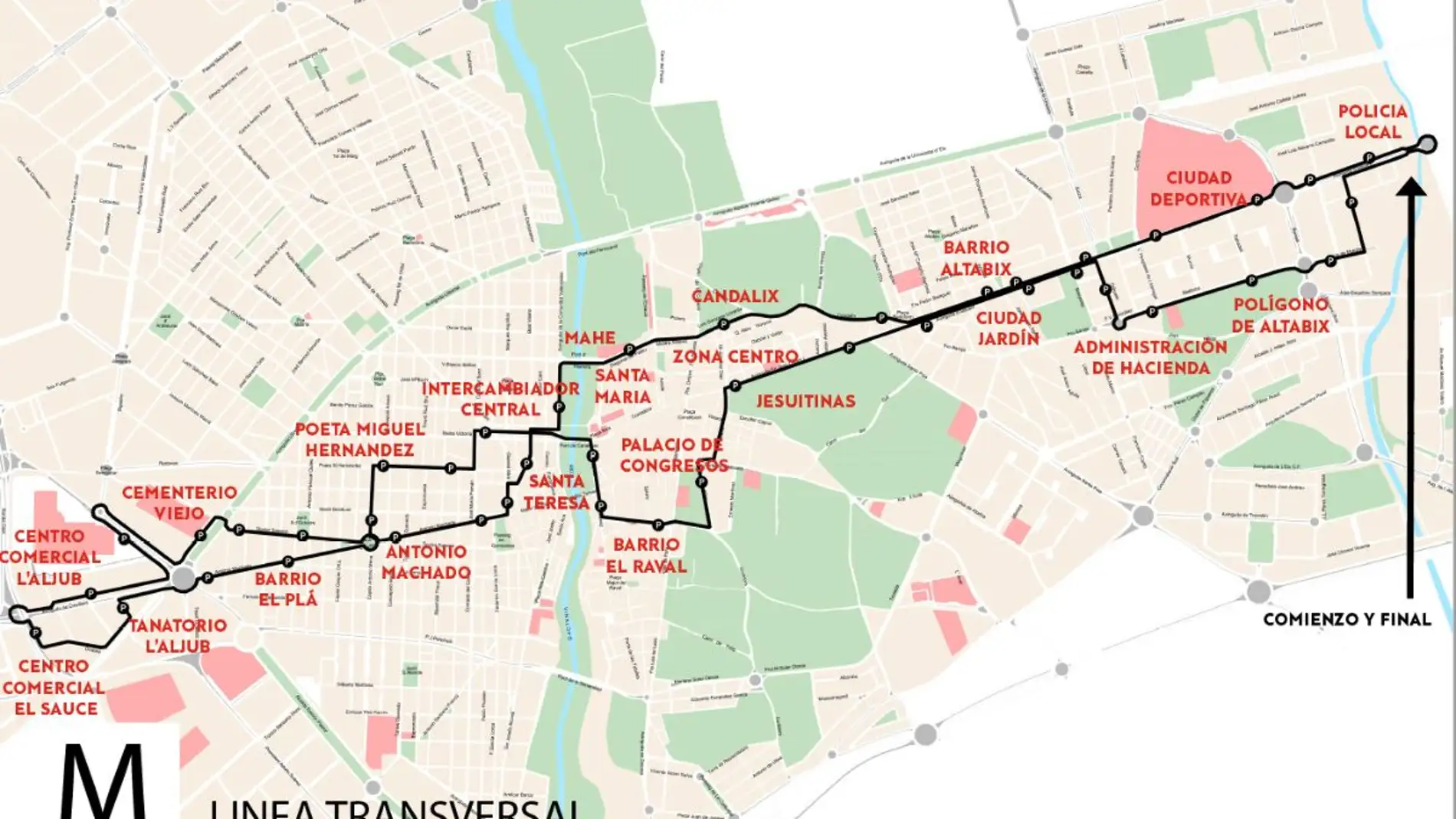 El mapa por donde discurrirá la nueva línea M de autobuses en Elche 