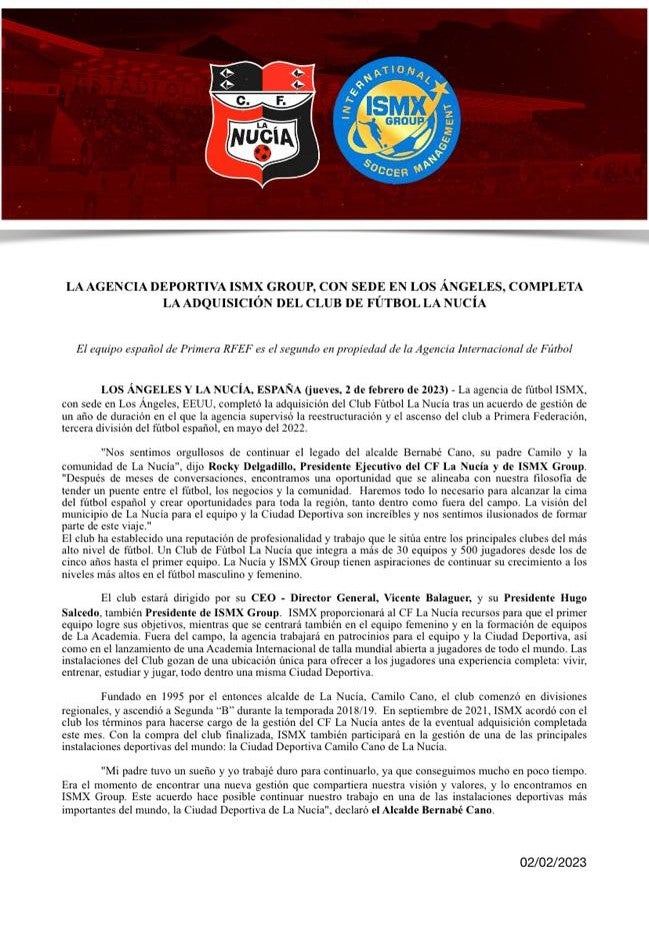 La agencia ISMX de Los Ángeles completa la adquisición del C.F. La Nucía La agencia ISMX de Los Ángeles completa la adquisición del C.F. La Nucía