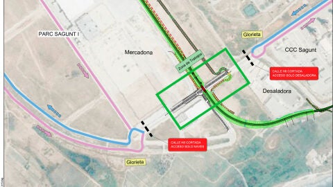 Plano que muestra los cortes al tráfico de los viales H-8 y V-15 de Parc Sagunt