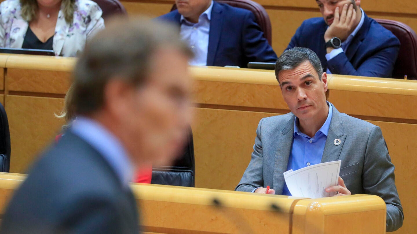 El presidente del Gobierno, Pedro S&aacute;nchez, escucha la intervenci&oacute;n del l&iacute;der del PP, Alberto N&uacute;&ntilde;ez Feij&oacute;o (i), en una imagen de archivo. 