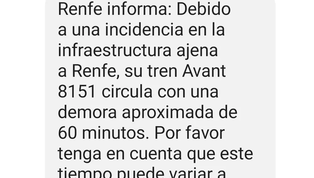 Aviso que ha enviado RENFE a los usuarios del Avant