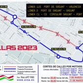 Plano que muestra los desvíos de autobús en El Puerto con motivo de las Fallas