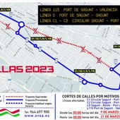 Plano que muestra los desvíos de autobús en El Puerto con motivo de las Fallas Plano que muestra los desvíos de autobús en El Puerto con motivo de las Fallas