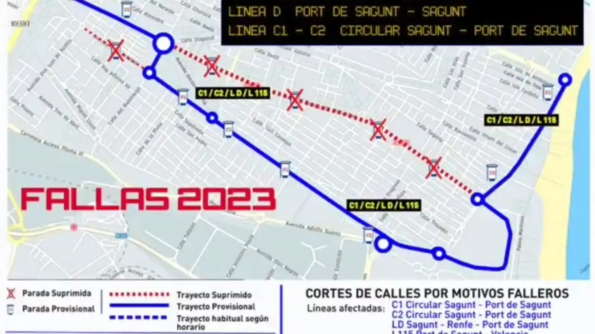 Plano que muestra los desvíos de autobús en El Puerto con motivo de las Fallas