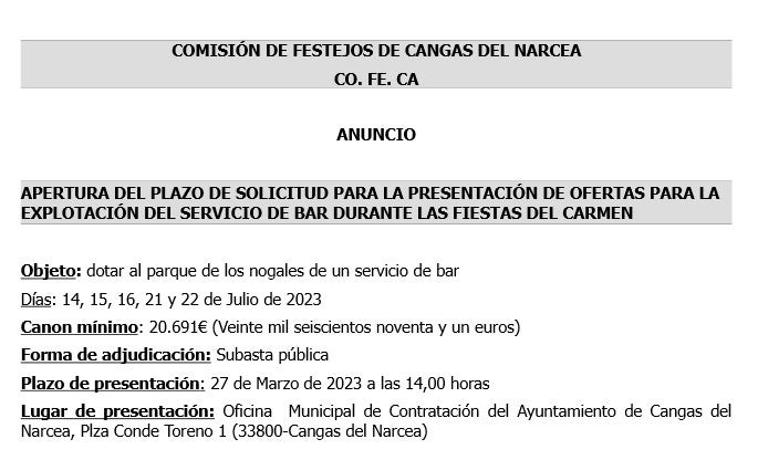 Sale a subasta la explotación del servicio de bar durante las fiestas Sale a subasta la explotación del servicio de bar durante las fiestas