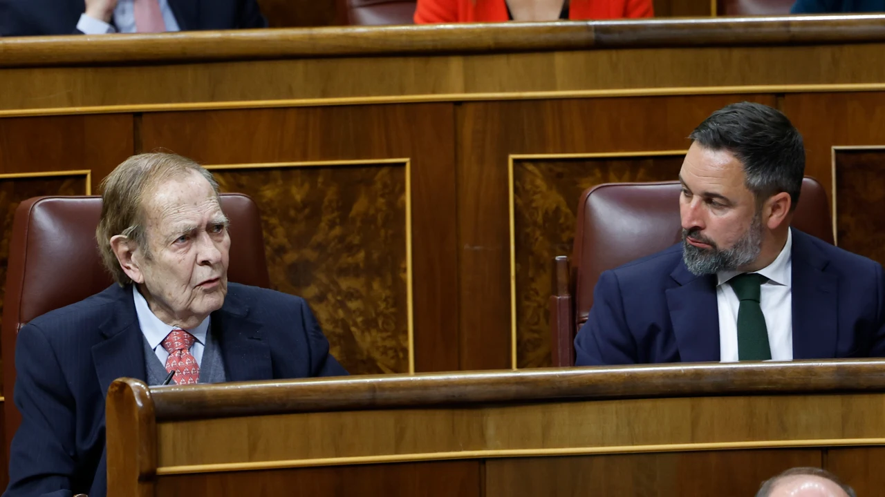 Ramón Tamames, en un momento de su discurso, observado por Santiago Abascal Ramón Tamames, en un momento de su discurso, observado por Santiago Abascal