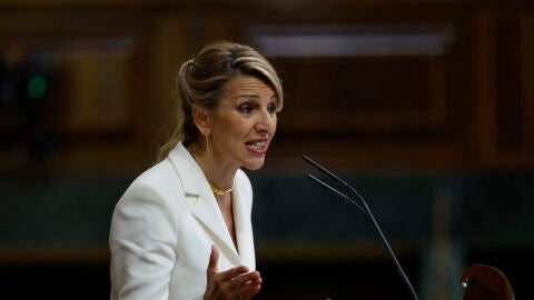 La vicepresidenta segunda y ministra de Trabajo y Econom&iacute;a Social, Yolanda D&iacute;az durante su intervenci&oacute;n en el debate de la moci&oacute;n de censura de Vox 