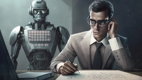 Ilustración de un robot y un contable. Ilustración de un robot y un contable.