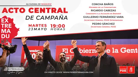 El Acto central del PSOE extremeño se celebrará finalmente este martes en Badajoz con Pedro Sánchez El Acto central del PSOE extremeño se celebrará finalmente este martes en Badajoz con Pedro Sánchez
