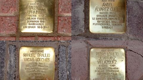 Placas met&aacute;licas en recuerdo de Valent&iacute;n Juara Bellot, &Aacute;ngel &Aacute;lvarez Curio, Manuel Braulio Vacas Loeches y Pedro Loreto Juarranz Vel&aacute;zquez, cuatro vecinos de Alcal&aacute; de Henares deportados a campos de concentraci&oacute;n nazis durante la Segunda Guerra Mundial