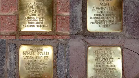 Colocadas las piedras conmemorativas con placas metálicas en recuerdo de los cuatro vecinos deportados a campos de concentración nazis durante la Segunda Guerra Mundial Placas metálicas en recuerdo de Valentín Juara Bellot, Ángel Álvarez Curio, Manuel Braulio Vacas Loeches y Pedro Loreto Juarranz Velázquez, cuatro vecinos de Alcalá de Henares deportados a campos de concentración nazis durante la Segunda Guerra Mundial