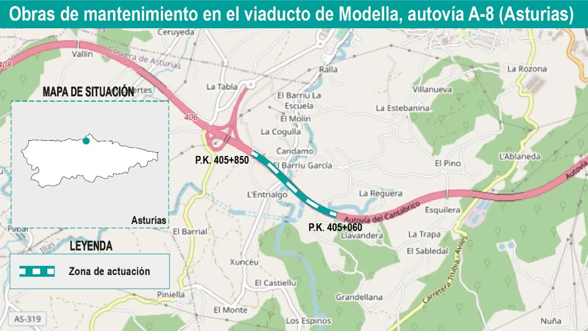 Afectación al tráfico en la autovía A-8 por obras en el Viaducto de Molleda, Corvera
