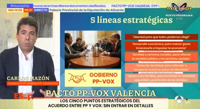 Mazón (PPCV), sobre el acuerdo con Vox para el Consell: "No hubo que poner ninguna condición" Mazón (PPCV), sobre el acuerdo con Vox para el Consell: "No hubo que poner ninguna condición"