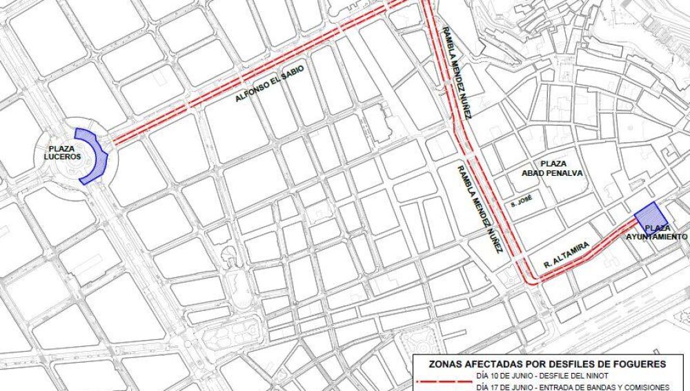 Mapa cortes de tráfico para hogueras 2023