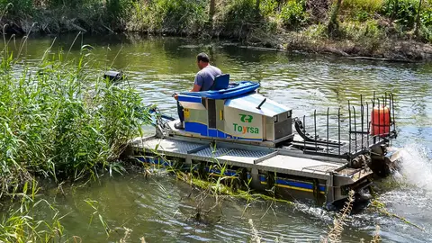 El barco anfibio de Torrejón de Ardoz vuelve a segar las plantas acuáticas del Henares para evitar que la mosca negra y los mosquitos depositen sus larvas Barco anfibio cortando plantas acuáticas en el río Henares