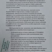 Nota de prensa del Centro independiente d Agricultores y Ganaderos de La Solana