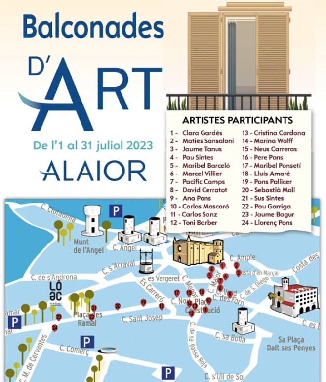 Un total de 24 artistas menorquines exponen sus obras en balcones de edificios del casco antiguo de Alaior Un total de 24 artistas menorquines exponen sus obras en balcones de edificios del casco antiguo de Alaior