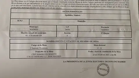 Carta en la que se comunica la selección del sorteo de las mesas ¿Me pueden llamar para ser mesa electoral más tarde de la fecha límite?