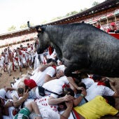 Varios corredores frente a una vaquilla en la plaza de toros de Pamplona, tras el tercer encierro de Sanfermines