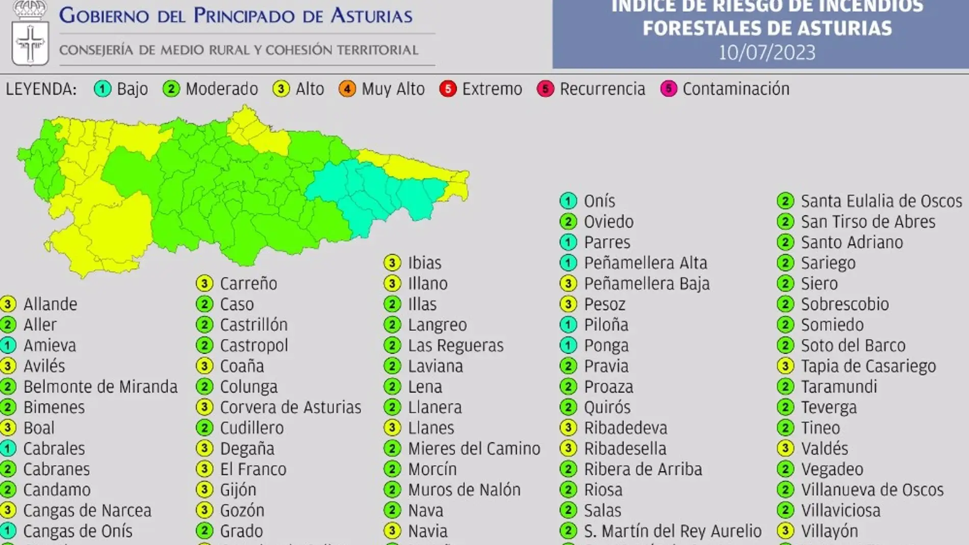 Mapa indice riesgo forestal 10-7 Asturias