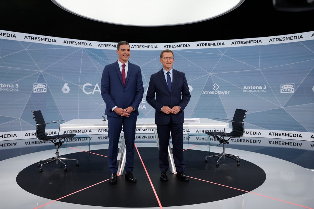 El cara a cara entre Pedro Sánchez y Núñez Feijóo arrasa con 5,9 millones de espectadores y un 46,5% de share El cara a cara entre Pedro Sánchez y Núñez Feijóo arrasa con 5,9 millones de espectadores y un 46,5% de share