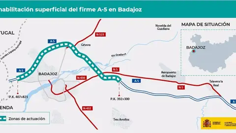 14,3 millones para las obras de rehabilitación del firme de la autovía A-5 en el entorno de Badajoz 14,3 millones para las obras de rehabilitación del firme de la autovía A-5 en el entorno de Badajoz