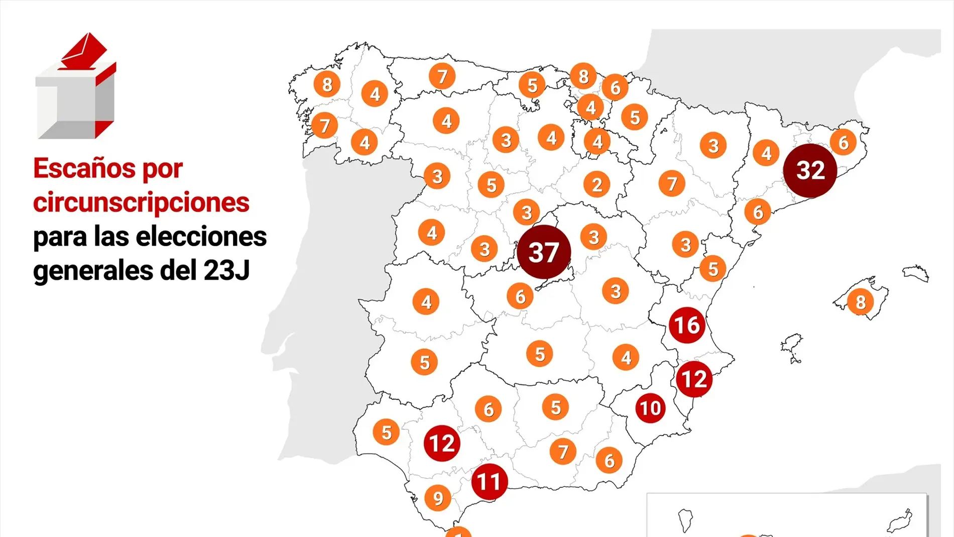 Mapa con los escaños por circunscripciones para las elecciones generales del 23 de julio de 2023 en España.