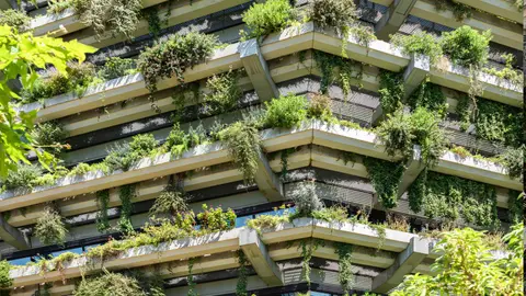 un edificio con plantas en los balcones un edificio con plantas en los balcones