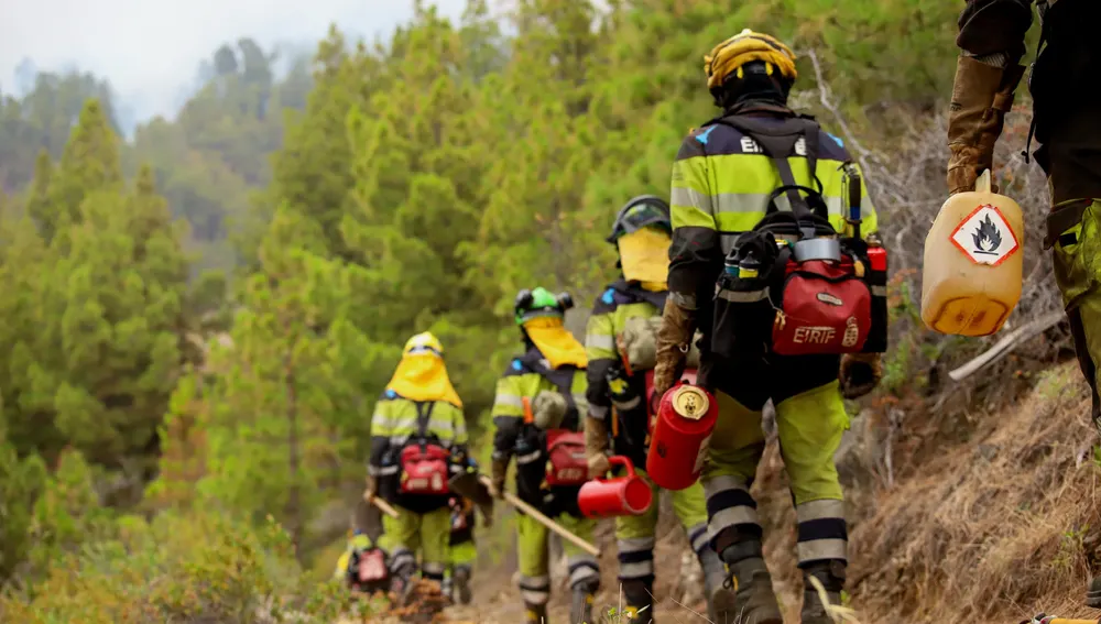 Equipos de Intervención y Refuerzo en Incendios Forestales (EIRIF), trabajan en las labores de extinción en Tijarafe