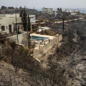 Árboles quemados junto a un hotel cerca de Kiorati (Rodas)