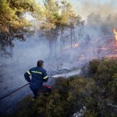 Un bombero trata de controlar el incendio que arrasa la isla griega de Rodas