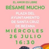 Cartel de la 'quedada de besos' convocada para el 26 de julio frente al Ayuntamiento de Santa Cruz de Bezana en protesta por la "censura" de retirar una película infantil en la que se besan dos mujeres