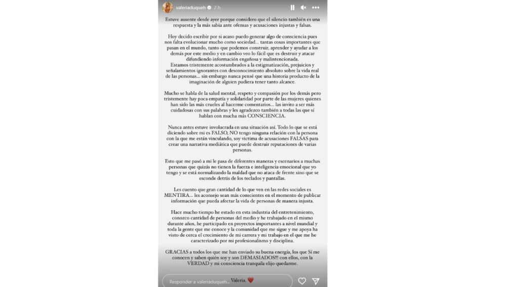Comunicado de Valeria Duque