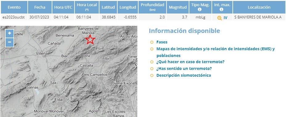 Nueve municipios de las comarcas del Medio y Alto Vinalopó sienten un terremoto de magnitud 3.7 en la escala de Richter con epicentro en Banyeres de Mariola Nueve municipios de las comarcas del Medio y Alto Vinalopó sienten un terremoto de magnitud 3.7 en la escala de Richter con epicentro en Banyeres de Mariola