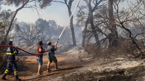 Vecinos y bomberos se afanan por apagar el incendio declarado en el Paraje Natural de Las Canteras en Puerto Real (Cádiz) Vecinos y bomberos se afanan por apagar el incendio declarado en el Paraje Natural de Las Canteras en Puerto Real (Cádiz)