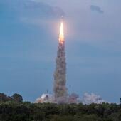 La misión espacial de la India a la Luna, el Chandrayaan-3, a bordo del vehículo de despegue Mark-III Mission 4 (LVM3 M4), en Sriharikota, sur del estado Andhra Pradesh, India. 