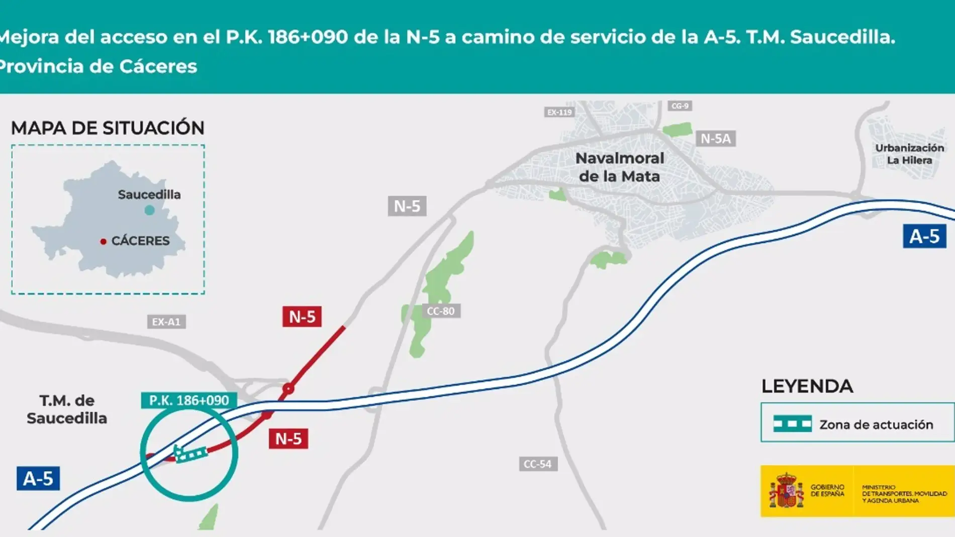 Mitma aprueba el proyecto de mejora de acceso de la N-V al camino de servicio de la A-5 en Saucedilla por 604.396 euros