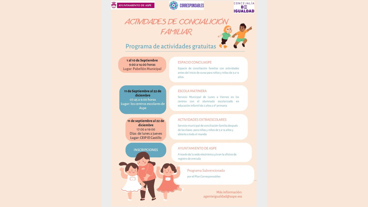 Aspe lanza las actividades de conciliación familiar a partir de septiembre Aspe lanza las actividades de conciliación familiar a partir de septiembre