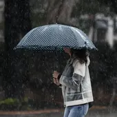 Una mujer protegiéndose de la lluvia con un paraguas Una mujer protegiéndose de la lluvia con un paraguas