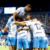 El Málaga celebra un gol en La Rosaleda