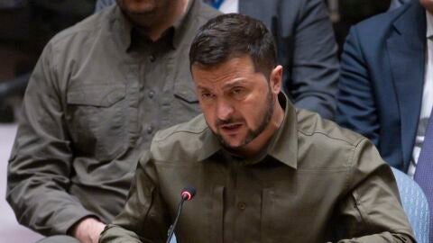 El presidente de Ucrania, Volod&iacute;mir Zelenski, habla ante el Consejo de Seguridad de la ONU, este 20 de septiembre de 2023, en Nueva York.