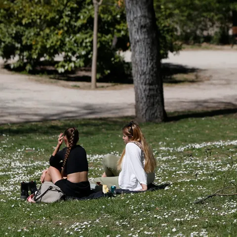 Varias personas, sentadas en un parque de Madrid.