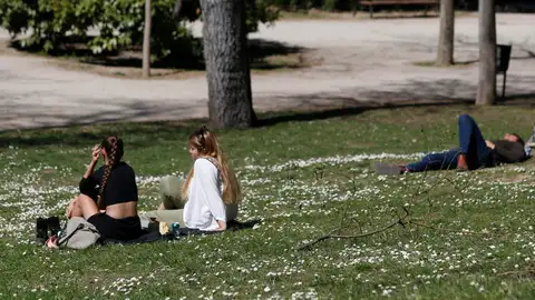 Varias personas, sentadas en un parque de Madrid. Varias personas, sentadas en un parque de Madrid.