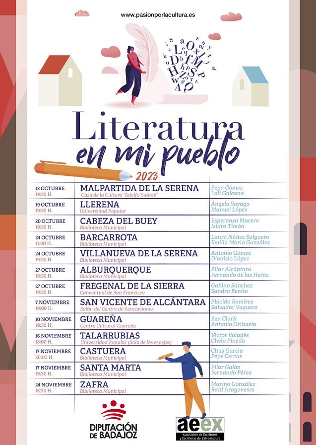 El programa "Literatura en mi pueblo" se amplía a 13 localidades de la provincia de Badajoz y 26 autores extremeños El programa "Literatura en mi pueblo" se amplía a 13 localidades de la provincia de Badajoz y 26 autores extremeños
