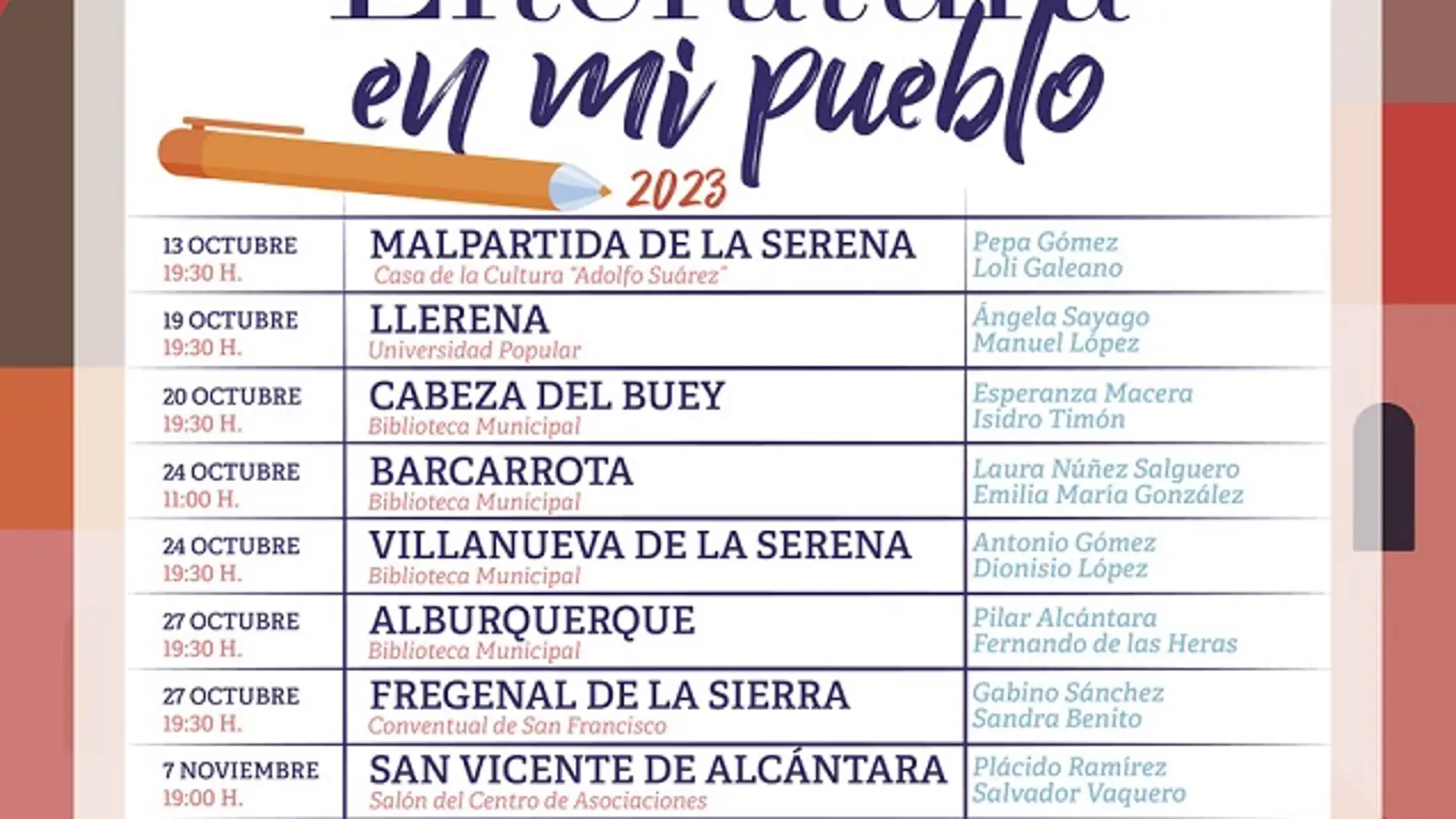 El programa "Literatura en mi pueblo" se amplía a 13 localidades de la provincia de Badajoz y 26 autores extremeños