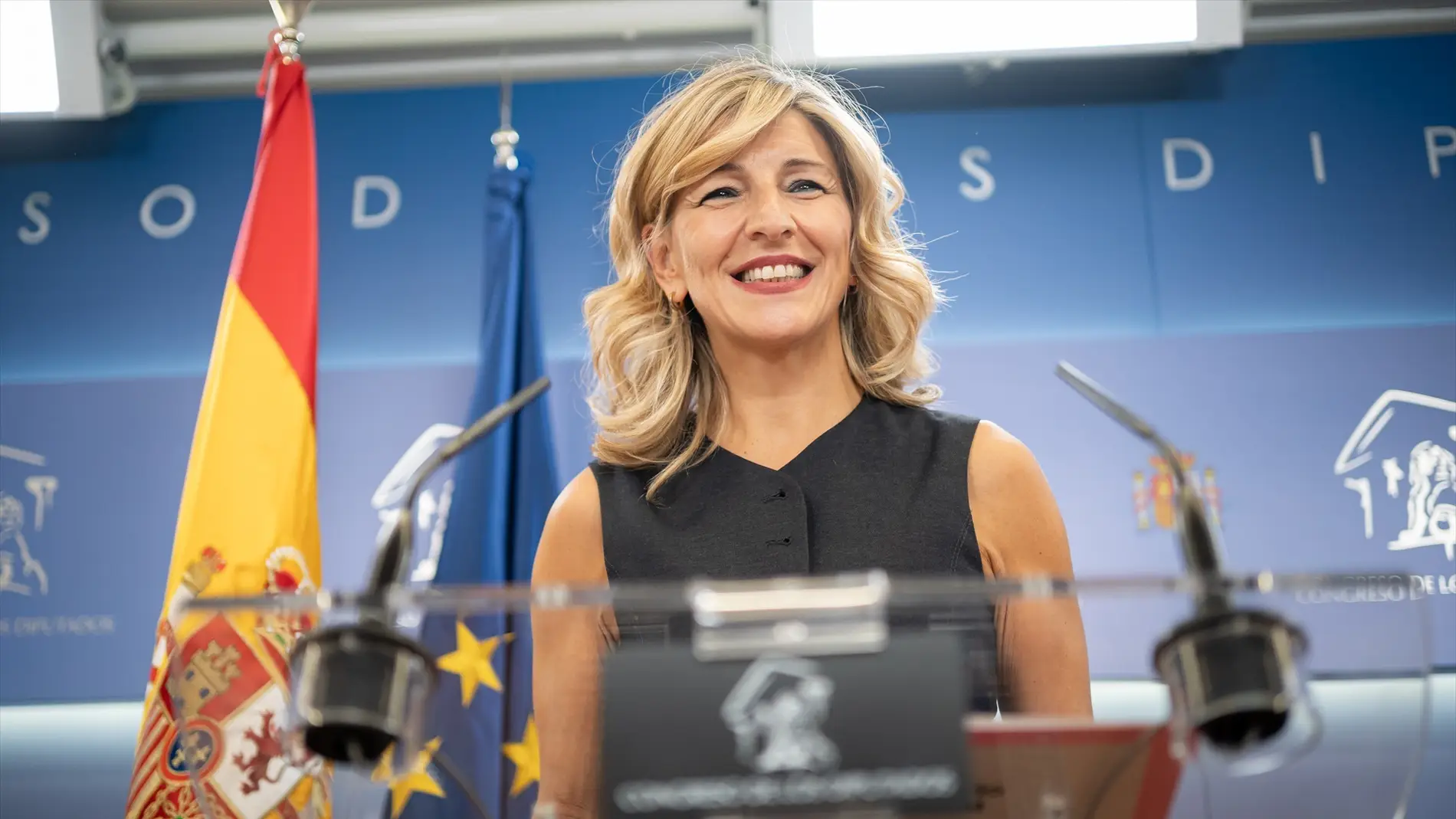 Yolanda Díaz, en una rueda de prensa en el Congreso de los Diputados.