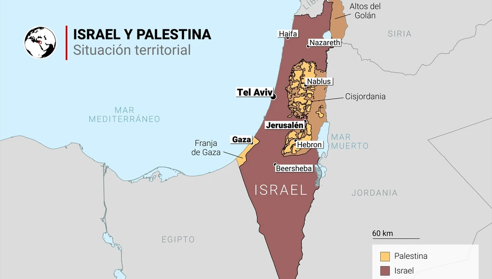 Mapa político de Israel y los territorios palestinos con la ubicación de Cisjordania y la Franja de Gaza.