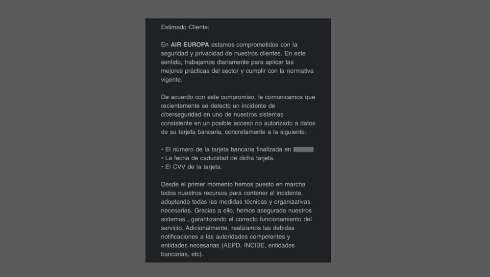 Mensaje de Air Europa remitido a sus clientes