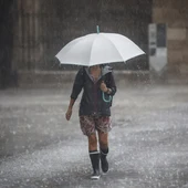 Una persona camina con un paraguas bajo la lluvia. Una persona camina con un paraguas bajo la lluvia.