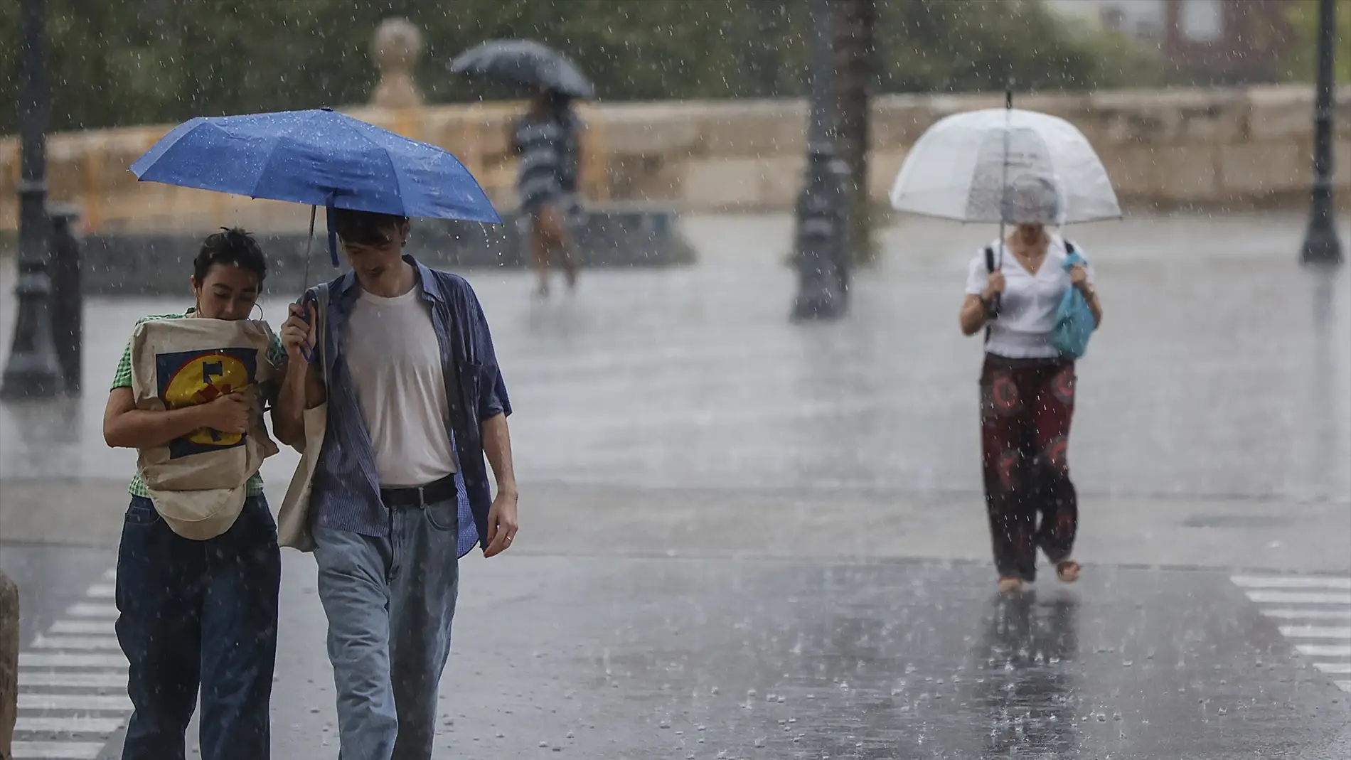 Varias personas con paraguas bajo la lluvia.
